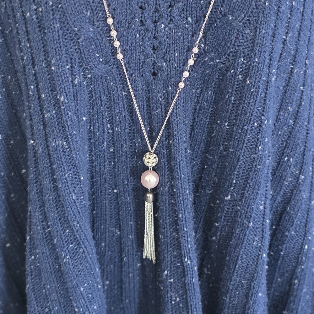 Silver-Tone Pink Bead Tassel Necklace